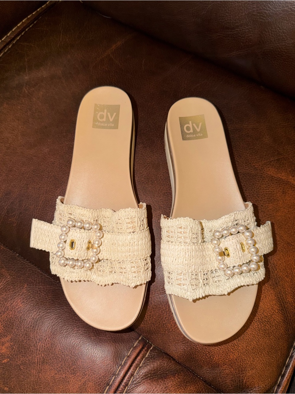 Dolce Vita Cream Crochet Pearl-Buckle Slide Sandals